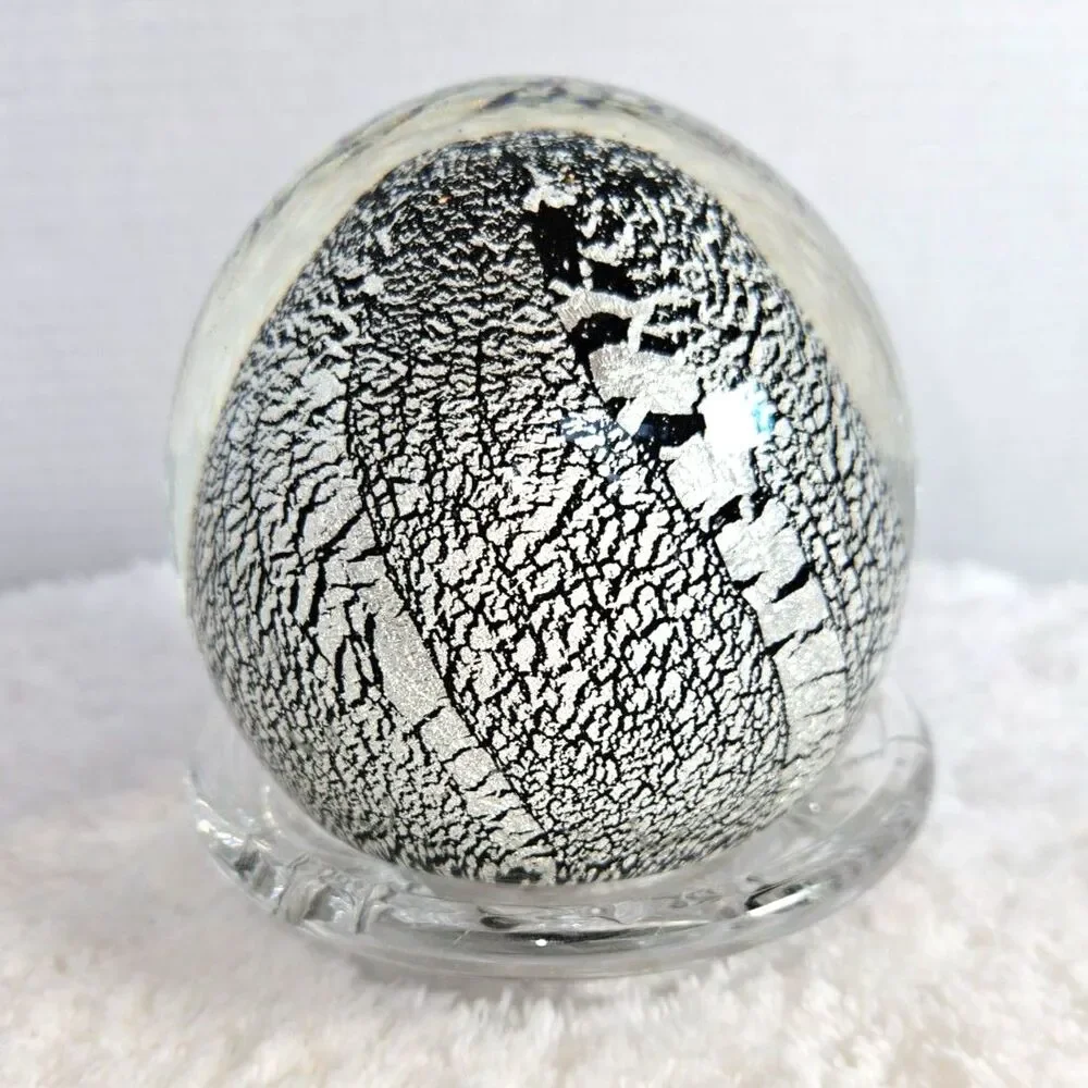 Vintage Art Glass Paperweight Silver Foil Crackle Webbed Egg Orb 4